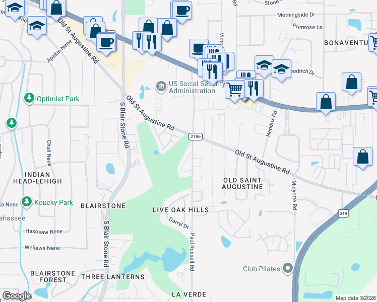 map of restaurants, bars, coffee shops, grocery stores, and more near 1502 Keily Run in Tallahassee