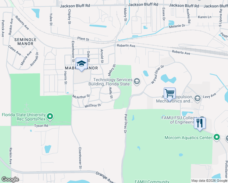 map of restaurants, bars, coffee shops, grocery stores, and more near 2513 Wainwright Street in Tallahassee
