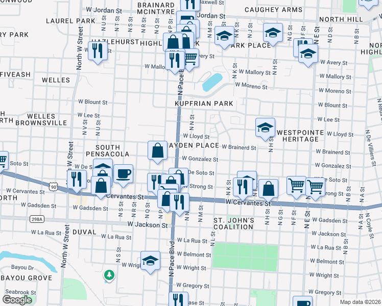 map of restaurants, bars, coffee shops, grocery stores, and more near 1125 Hayden Court in Pensacola
