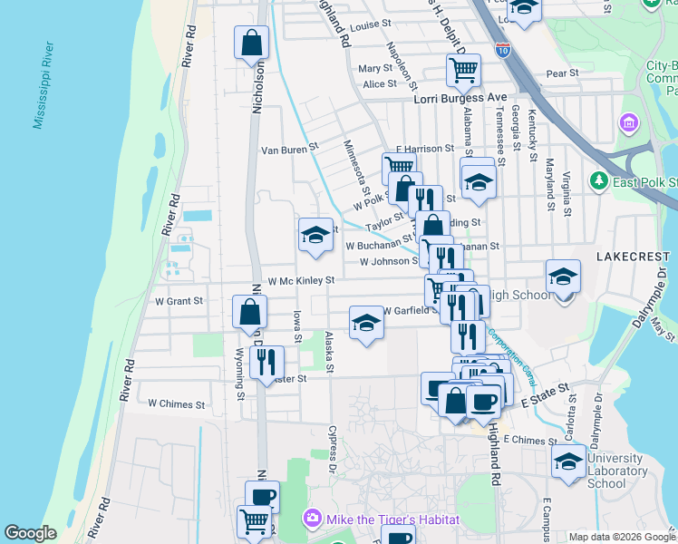 map of restaurants, bars, coffee shops, grocery stores, and more near 2543 Vermont Street in Baton Rouge