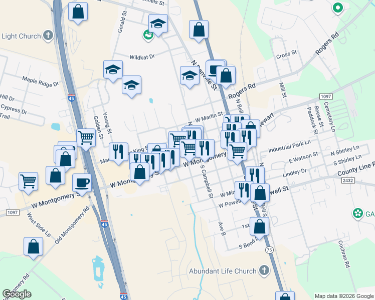 map of restaurants, bars, coffee shops, grocery stores, and more near 400 West Stewart Street in Willis