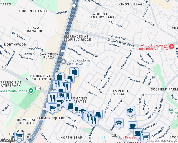 map of restaurants, bars, coffee shops, grocery stores, and more near 2308 Cedar Branch Drive in Austin