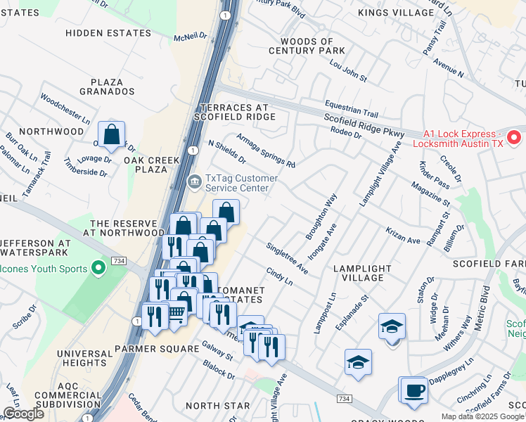 map of restaurants, bars, coffee shops, grocery stores, and more near 2405 Harrowden Drive in Austin