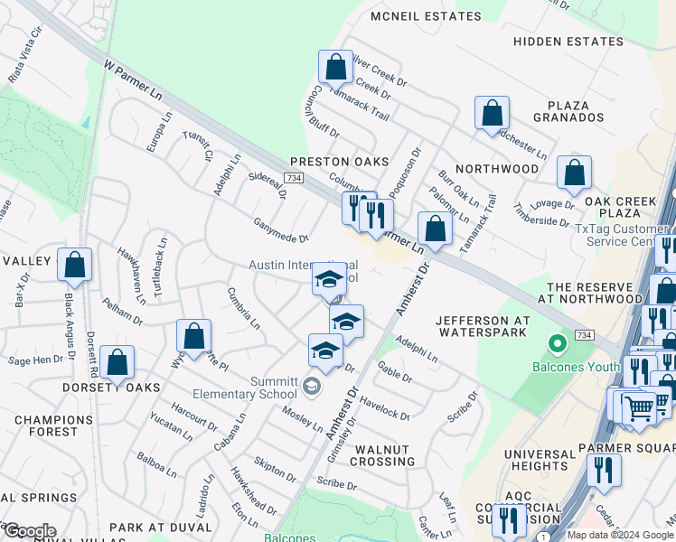 map of restaurants, bars, coffee shops, grocery stores, and more near 4201 West Parmer Lane in Austin