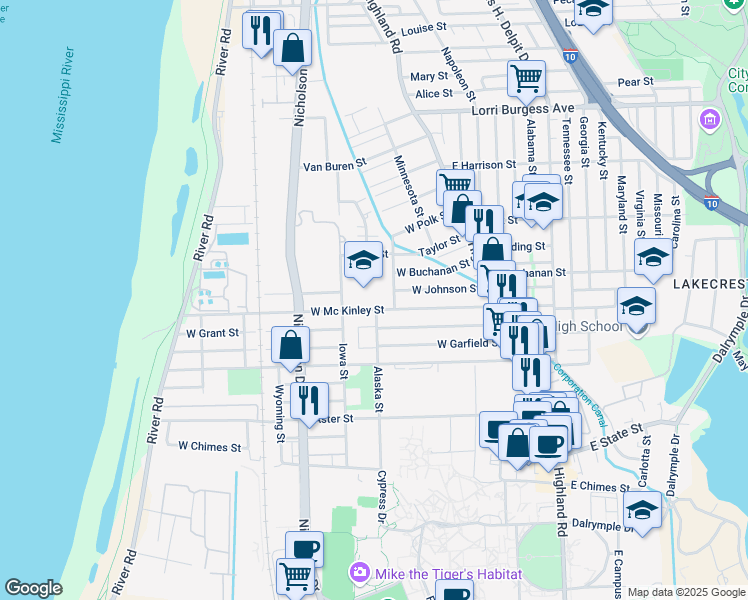 map of restaurants, bars, coffee shops, grocery stores, and more near 650 W East McKinley Street in Baton Rouge