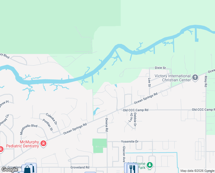 map of restaurants, bars, coffee shops, grocery stores, and more near 9118 Dixie Street in Ocean Springs