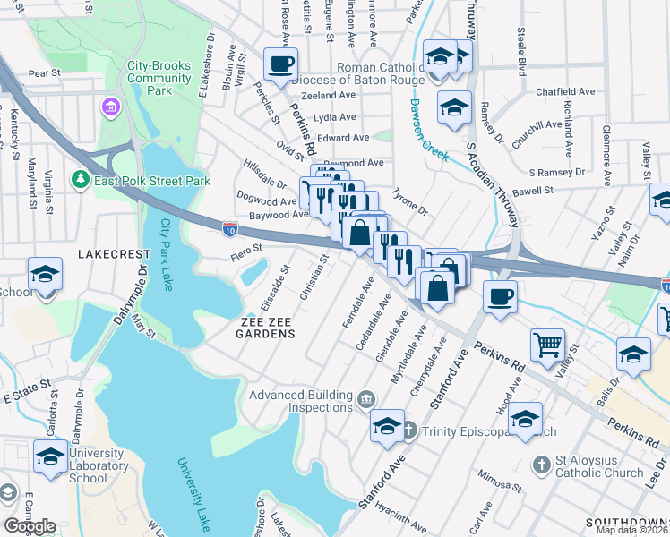 map of restaurants, bars, coffee shops, grocery stores, and more near 2210 Christian Street in Baton Rouge
