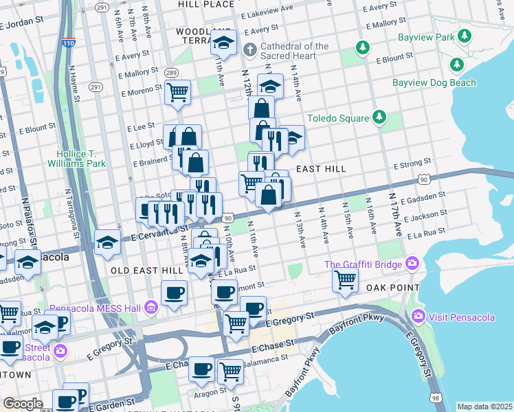 map of restaurants, bars, coffee shops, grocery stores, and more near 1100 East Cervantes Street in Pensacola