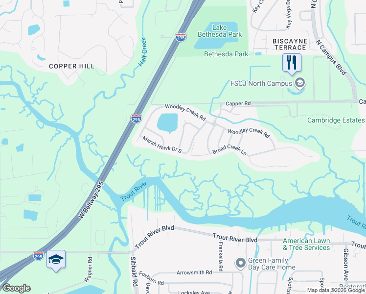 map of restaurants, bars, coffee shops, grocery stores, and more near 10332 Marsh Hawk Drive in Jacksonville