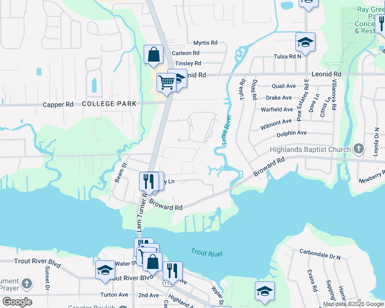 map of restaurants, bars, coffee shops, grocery stores, and more near 10416 Centerwood Court in Jacksonville
