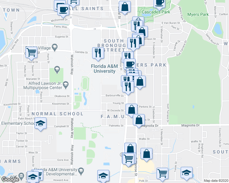 map of restaurants, bars, coffee shops, grocery stores, and more near 212 Barbourville Drive in Tallahassee