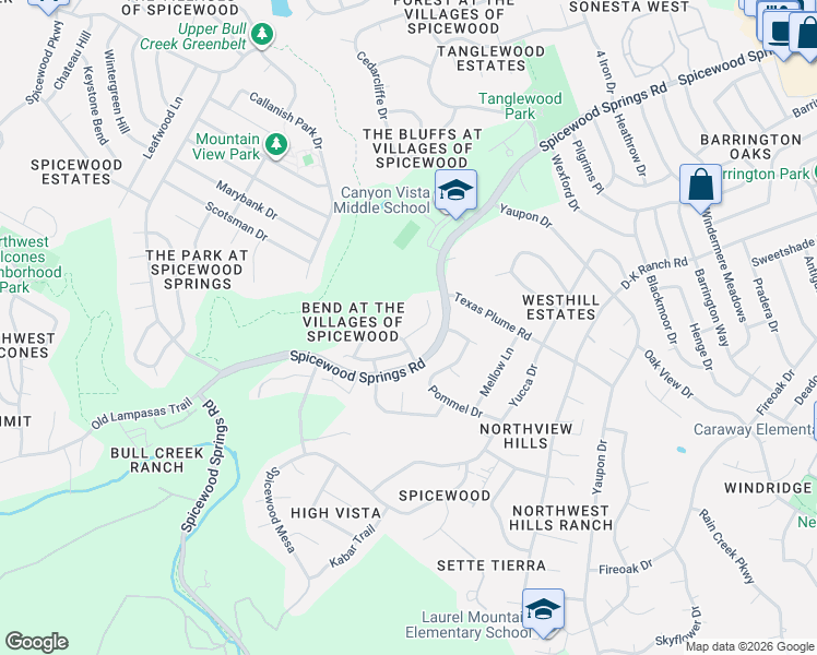 map of restaurants, bars, coffee shops, grocery stores, and more near 10704 Bay Laurel Trail in Austin