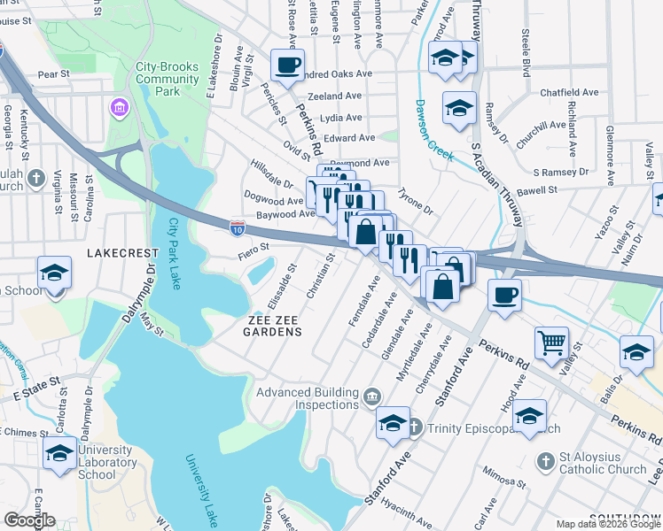 map of restaurants, bars, coffee shops, grocery stores, and more near 2210 Christian Street in Baton Rouge