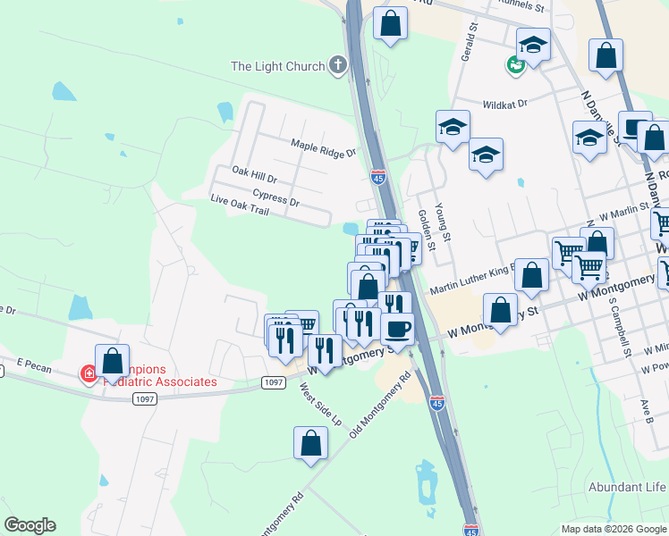 map of restaurants, bars, coffee shops, grocery stores, and more near 9514 Live Oak Trail in Willis