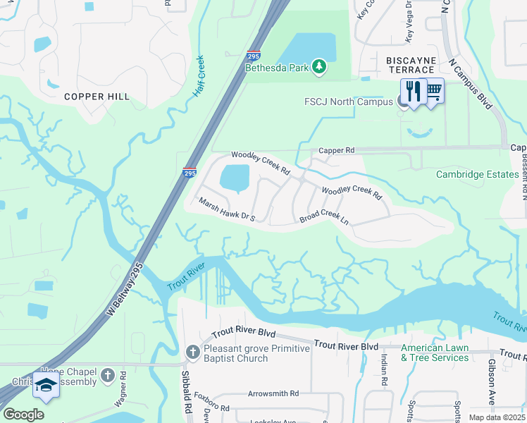 map of restaurants, bars, coffee shops, grocery stores, and more near 10332 Marsh Hawk Drive in Jacksonville