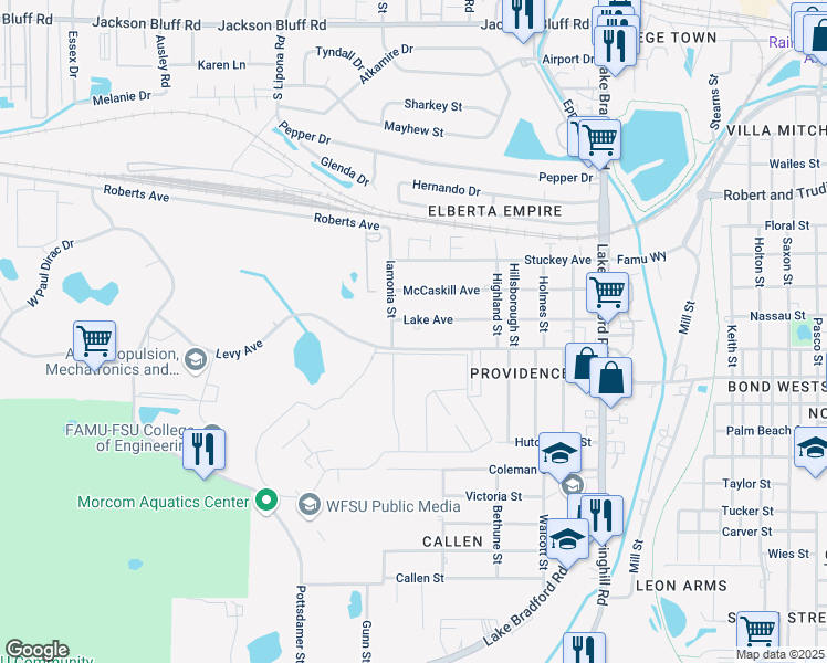 map of restaurants, bars, coffee shops, grocery stores, and more near 1610 Lake Avenue in Tallahassee
