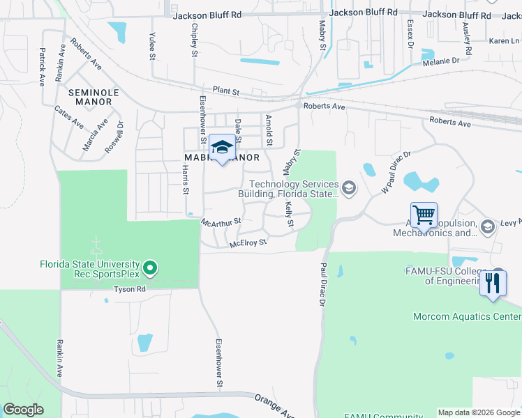 map of restaurants, bars, coffee shops, grocery stores, and more near 2709 Wainwright Street in Tallahassee