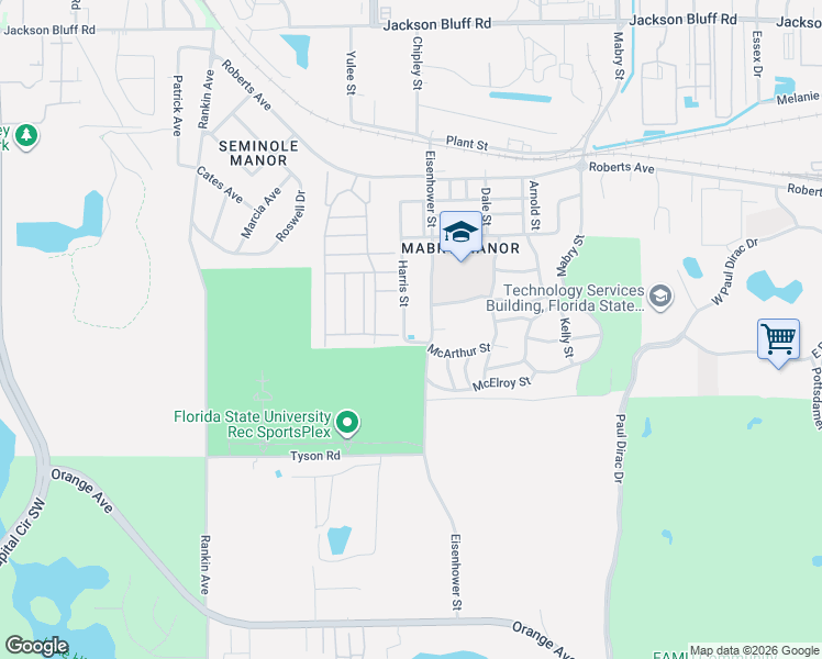 map of restaurants, bars, coffee shops, grocery stores, and more near 1710 Eisenhower Street in Tallahassee