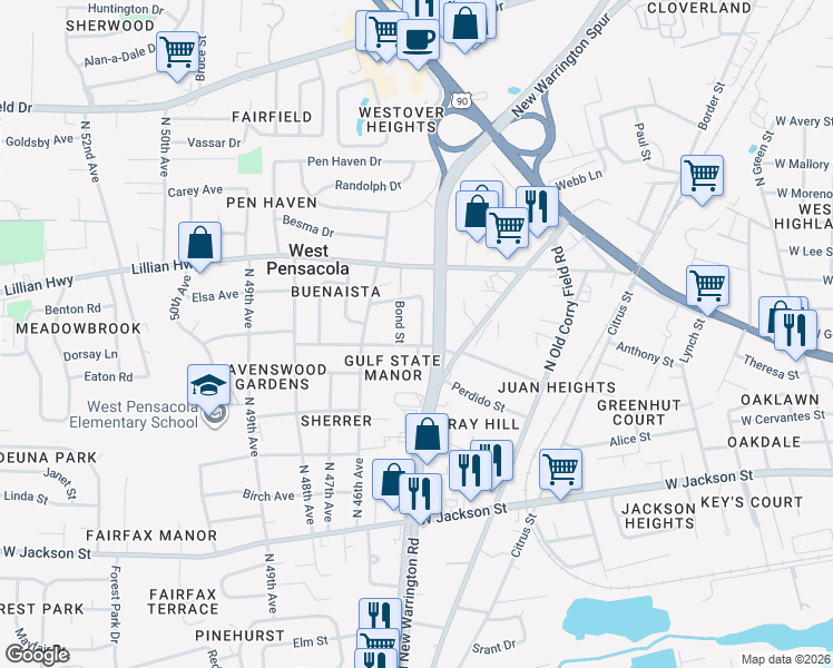 map of restaurants, bars, coffee shops, grocery stores, and more near 1120 Bond Street in Pensacola
