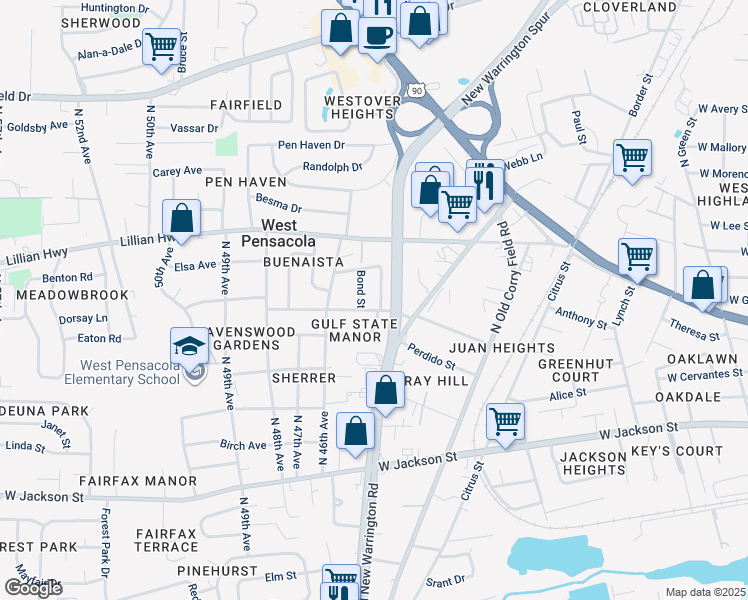 map of restaurants, bars, coffee shops, grocery stores, and more near 1120 Bond Street in Pensacola