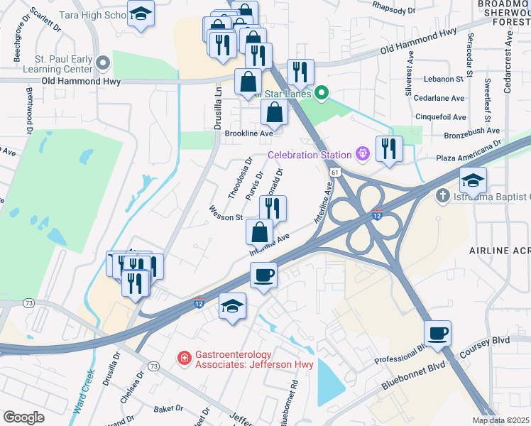 map of restaurants, bars, coffee shops, grocery stores, and more near 2830 Donald Drive in Baton Rouge