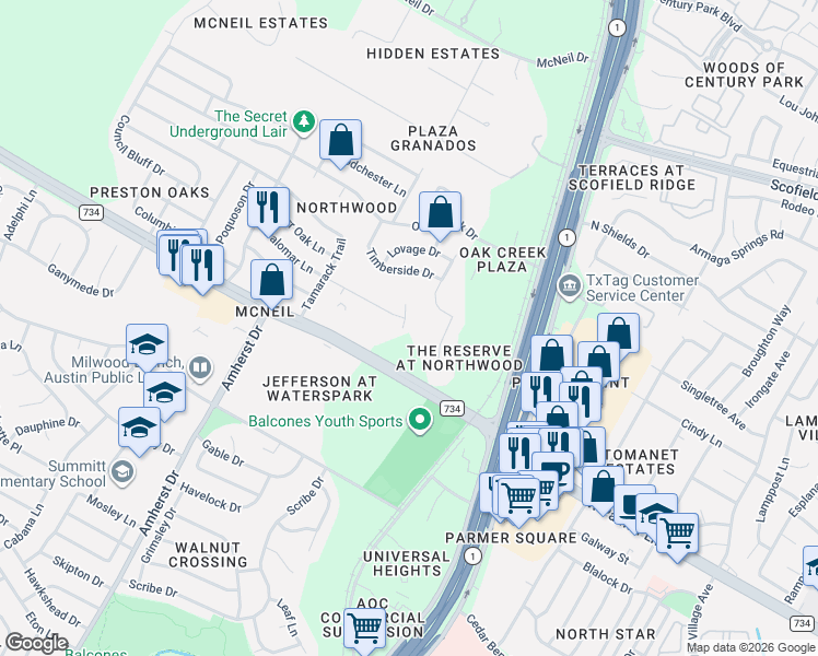 map of restaurants, bars, coffee shops, grocery stores, and more near 3403 Palomar Lane in Austin