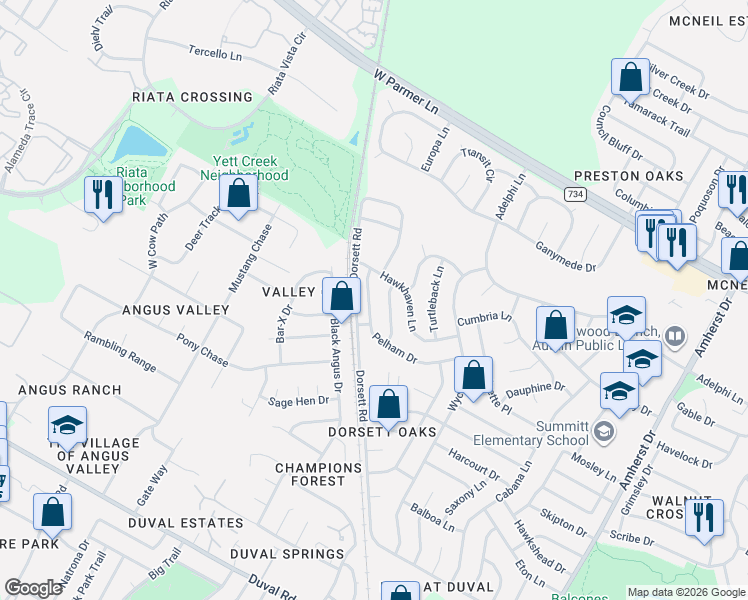 map of restaurants, bars, coffee shops, grocery stores, and more near 4907 Pelham Drive in Austin