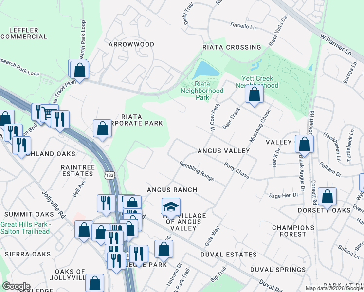 map of restaurants, bars, coffee shops, grocery stores, and more near 5407 Pony Chase in Austin