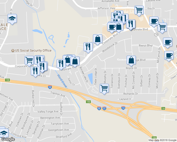 map of restaurants, bars, coffee shops, grocery stores, and more near 6811 Fountain Lane in Baton Rouge