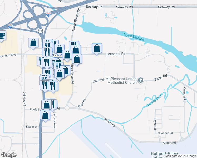 map of restaurants, bars, coffee shops, grocery stores, and more near 14458 Rippy Road in Gulfport