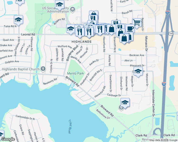 map of restaurants, bars, coffee shops, grocery stores, and more near 10409 Keuka Drive in Jacksonville