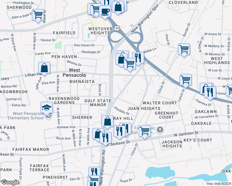 map of restaurants, bars, coffee shops, grocery stores, and more near 905 North New Warrington Road in Pensacola