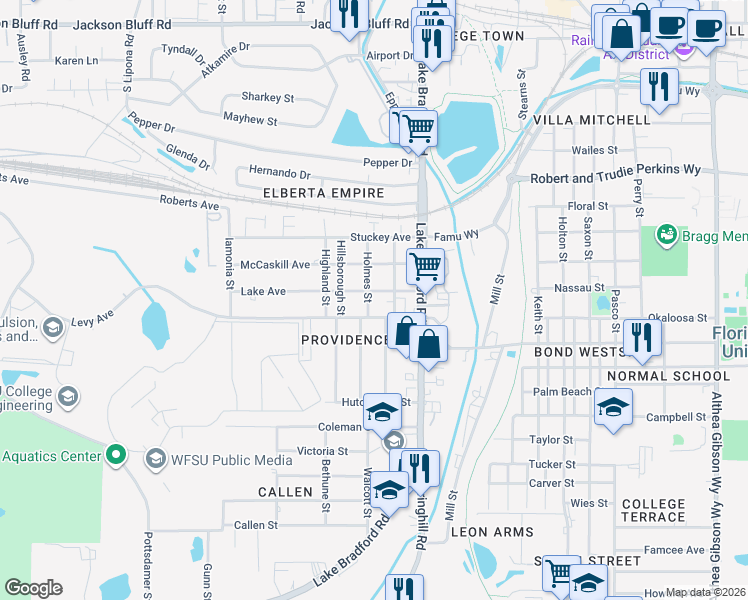map of restaurants, bars, coffee shops, grocery stores, and more near 1907 Holmes Street in Tallahassee