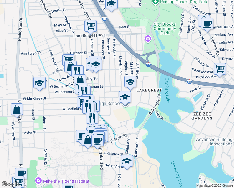map of restaurants, bars, coffee shops, grocery stores, and more near 851 East Johnson Street in Baton Rouge