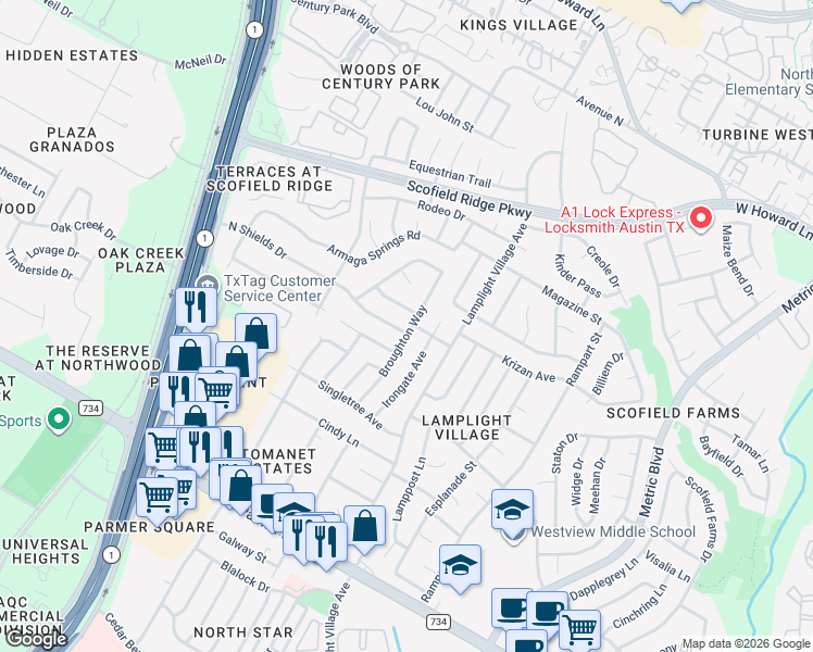 map of restaurants, bars, coffee shops, grocery stores, and more near 2201 Broughton Court in Austin