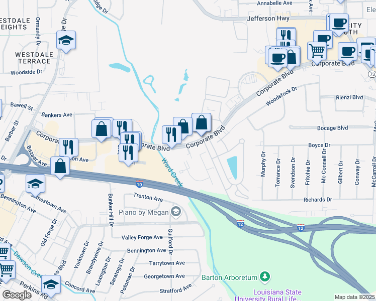 map of restaurants, bars, coffee shops, grocery stores, and more near 2530 Gates Circle in Baton Rouge