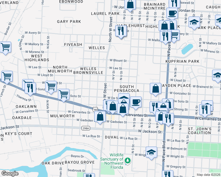 map of restaurants, bars, coffee shops, grocery stores, and more near 1107 North V Street in Pensacola
