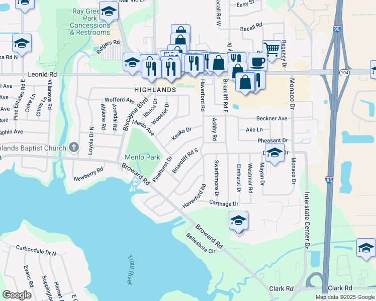 map of restaurants, bars, coffee shops, grocery stores, and more near 10441 Pinehurst Drive in Jacksonville