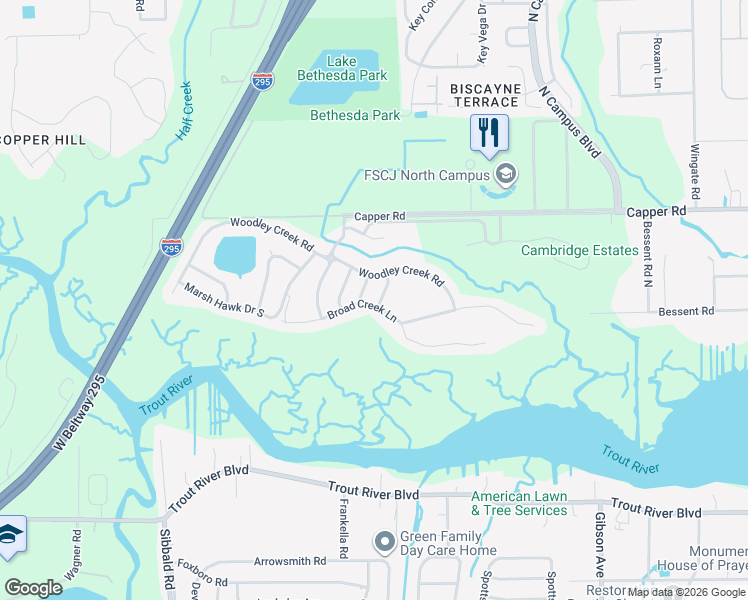 map of restaurants, bars, coffee shops, grocery stores, and more near 10326 Woodley Point Road in Jacksonville