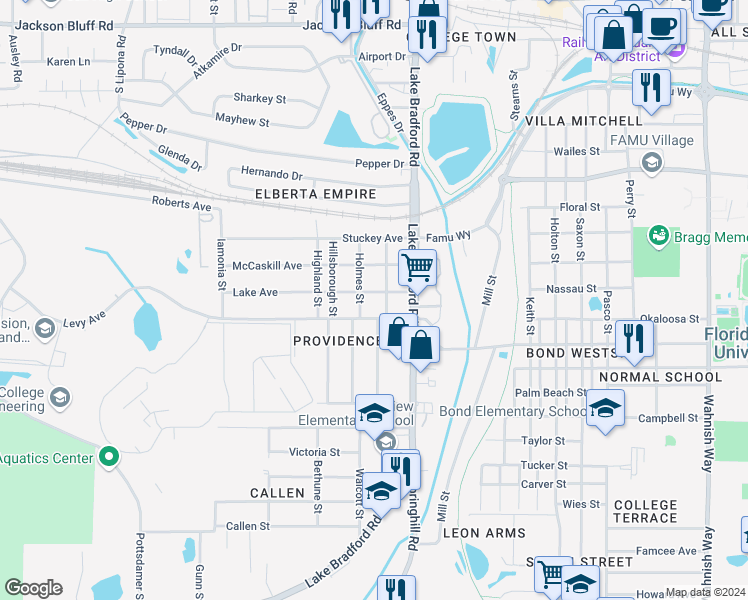 map of restaurants, bars, coffee shops, grocery stores, and more near 1240 Lake Avenue in Tallahassee