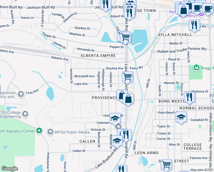 map of restaurants, bars, coffee shops, grocery stores, and more near 1240 Lake Avenue in Tallahassee
