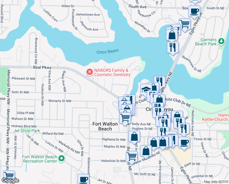 map of restaurants, bars, coffee shops, grocery stores, and more near 213 Crewilla Drive Northwest in Fort Walton Beach