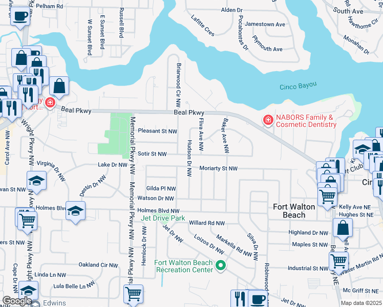 map of restaurants, bars, coffee shops, grocery stores, and more near 204 Hudson Drive Northwest in Fort Walton Beach