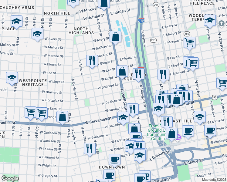 map of restaurants, bars, coffee shops, grocery stores, and more near 16 West Gonzalez Street in Pensacola