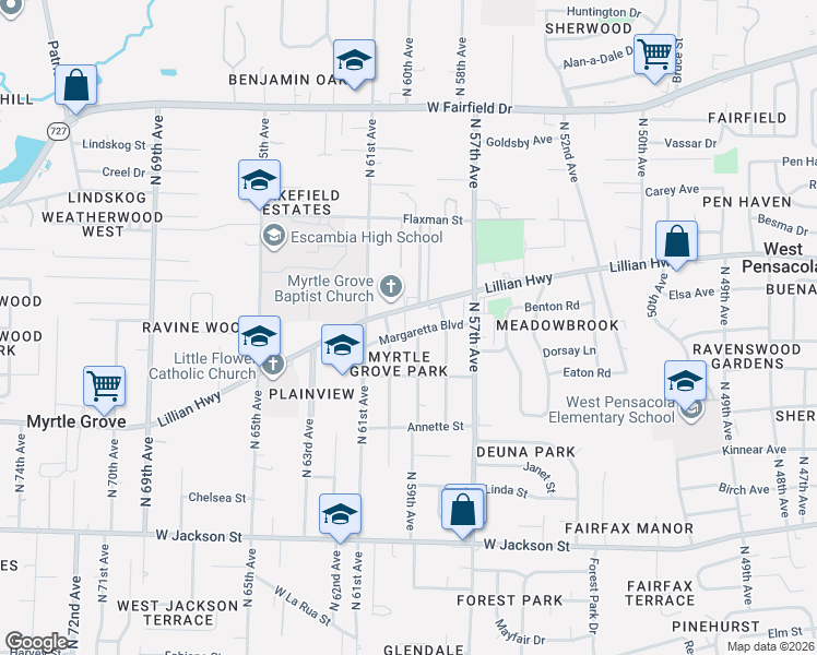 map of restaurants, bars, coffee shops, grocery stores, and more near 1099-1005 North 59th Avenue in Pensacola