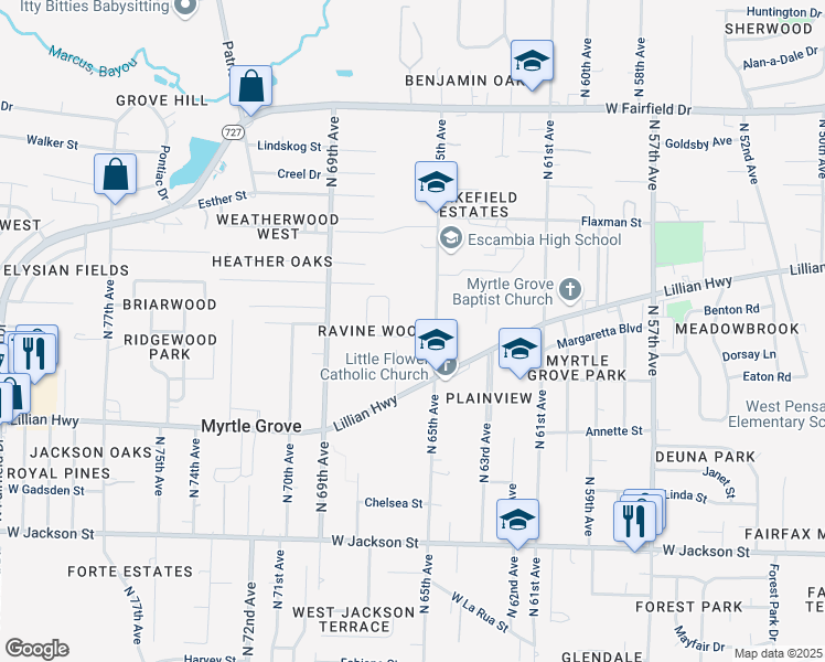 map of restaurants, bars, coffee shops, grocery stores, and more near 6510 Colonade Circle in Pensacola