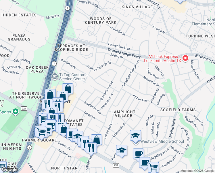 map of restaurants, bars, coffee shops, grocery stores, and more near 2201 Broughton Court in Austin