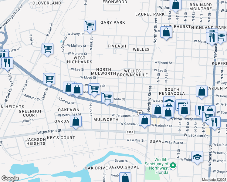 map of restaurants, bars, coffee shops, grocery stores, and more near 3303 West Brainerd Street in Pensacola