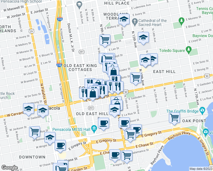 map of restaurants, bars, coffee shops, grocery stores, and more near 801 East De Soto Street in Pensacola