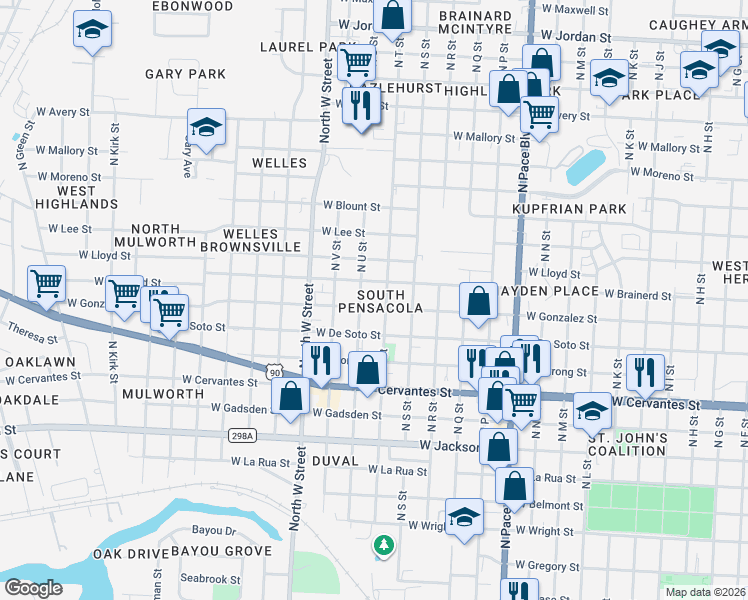 map of restaurants, bars, coffee shops, grocery stores, and more near 1110 North U Street in Pensacola